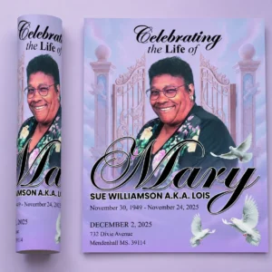 Purple Celebration of Life Flyer for Mary Sue Williamson with heavenly gates white doves and memorial information in Mendenhall Mississippi