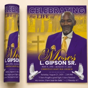 Purple Christian Celebration of Life Flyer for Moses L Gipson Sr with cross white doves Christian Light MB Church and 2 Timothy 4 7