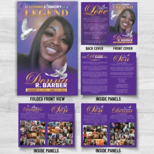 Purple Funeral Program with 8 page memorial booklet, obituary, family messages, doves and photo collages