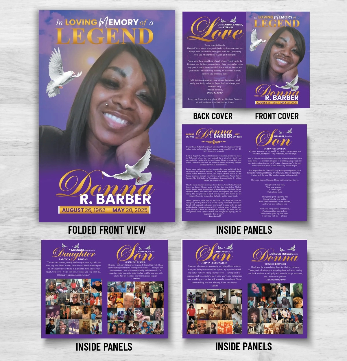 Purple Funeral Program with 8 page memorial booklet, obituary, family messages, doves and photo collages