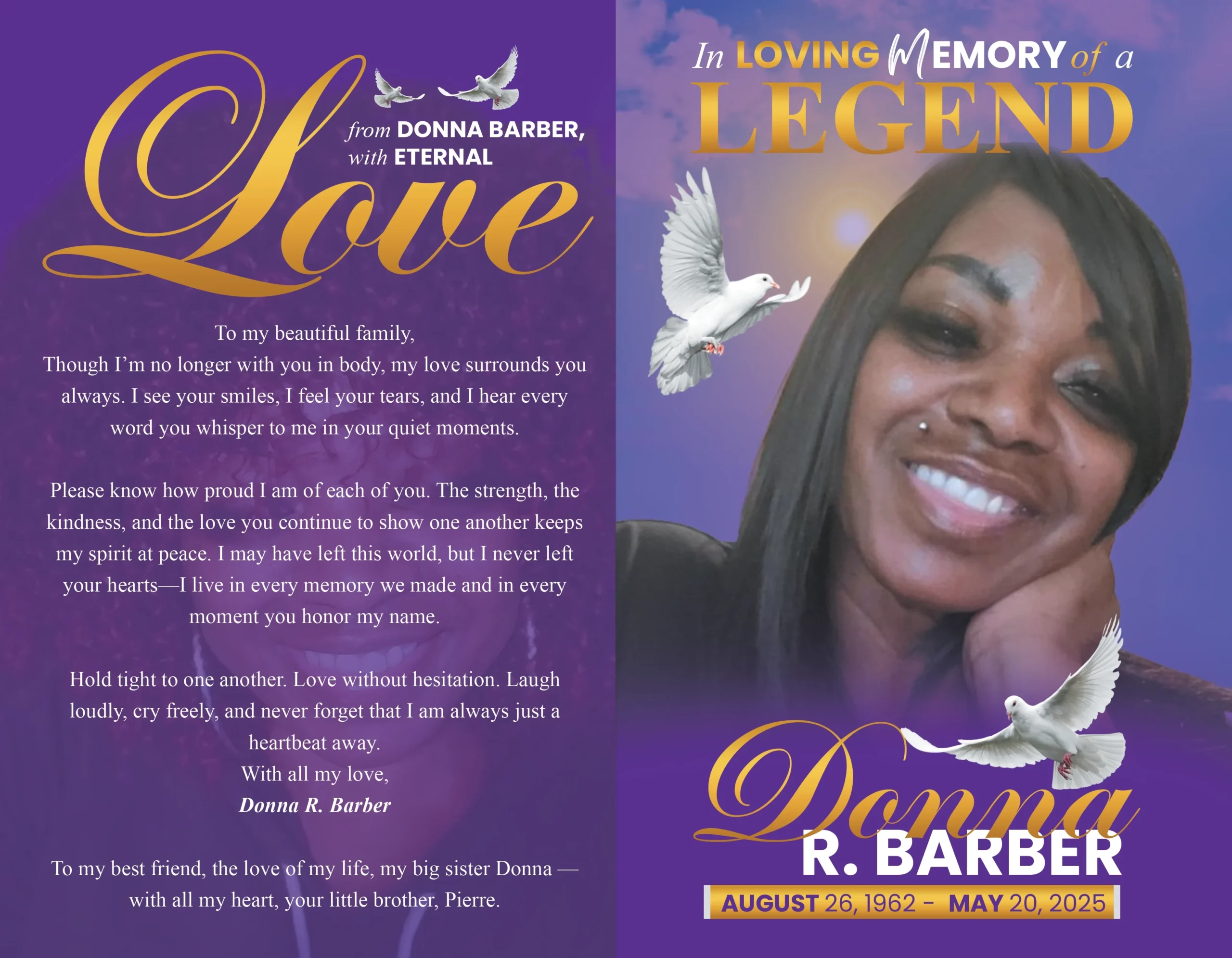 Purple Funeral Program cover with memorial portrait, white doves, gold name lettering and remembrance dates