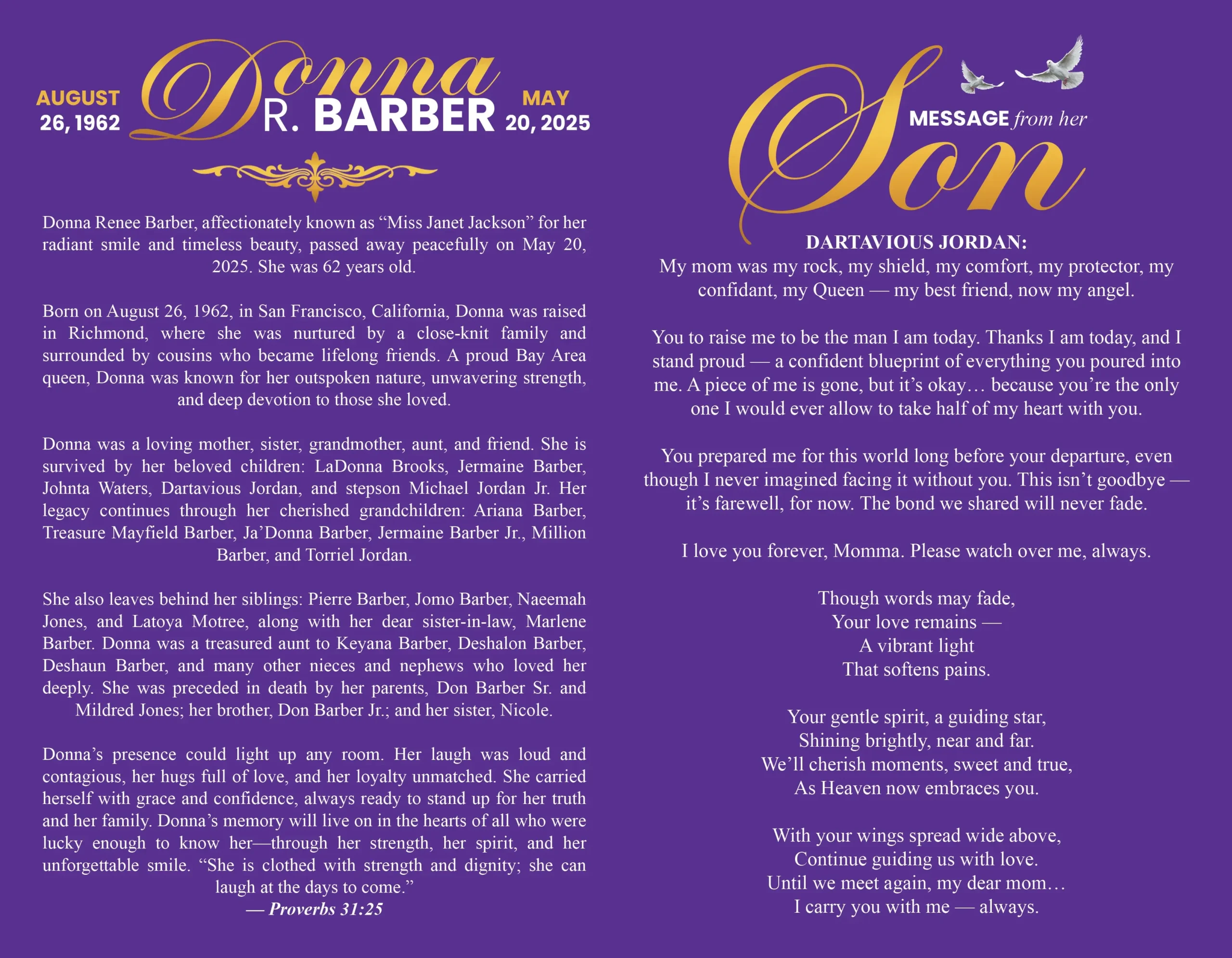 Purple Funeral Program with memorial portrait, white doves, gold name lettering and remembrance dates