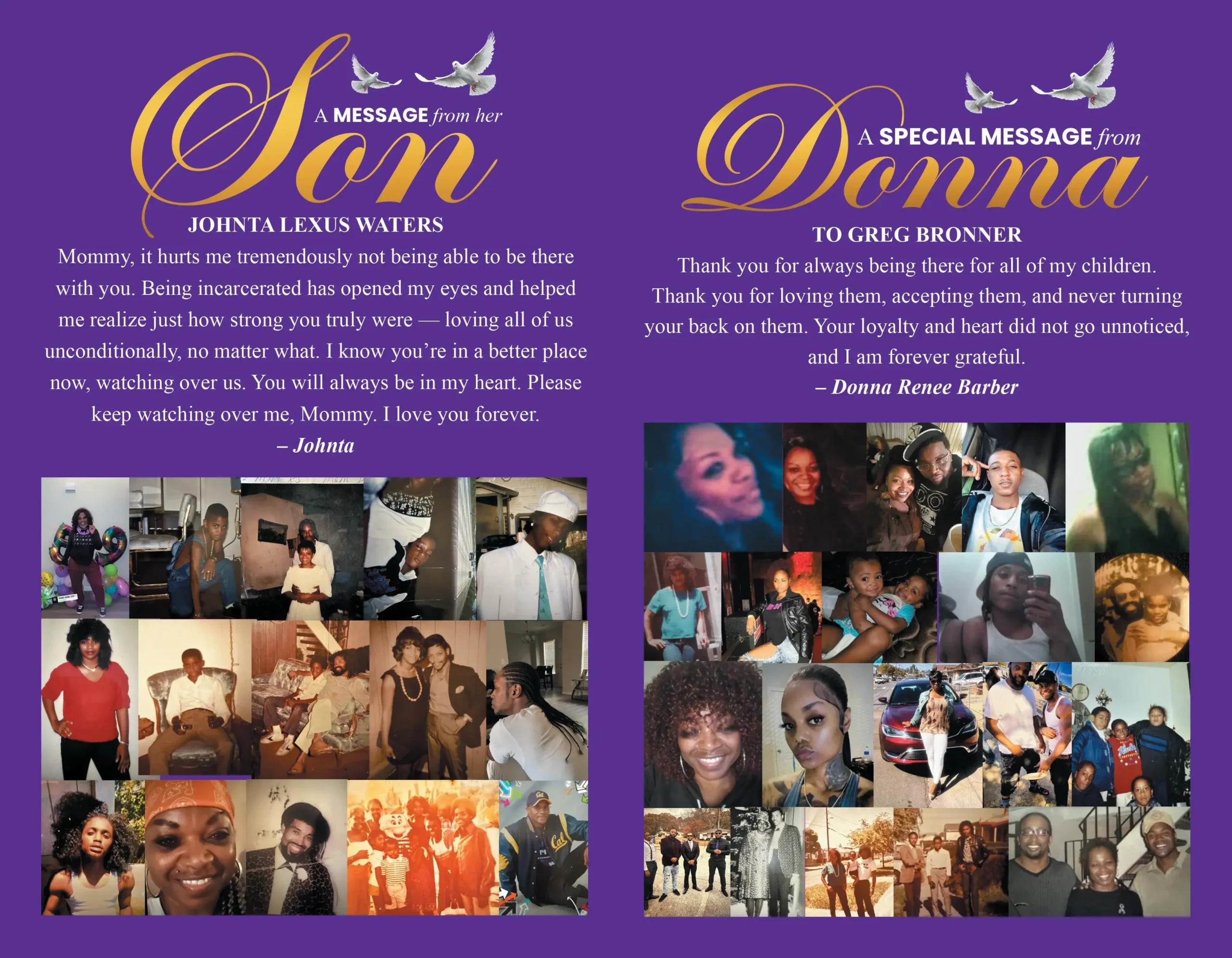 Purple Funeral Program with memorial portrait, white doves, gold name lettering and remembrance dates