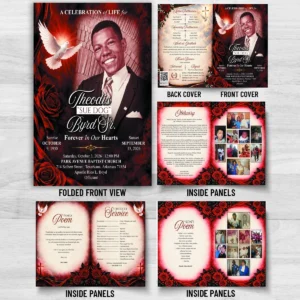 Red Funeral Program for Theodis Sue Dog Byrd Sr at Park Avenue Baptist Church in Texarkana Arkansas with 8 page memorial booklet