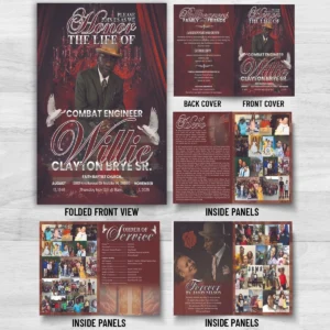 Veteran Funeral Program with 8 page memorial booklet, military tribute, obituary, Order of Service and family photo collages