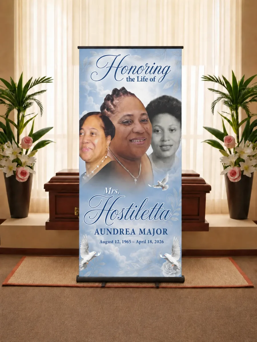 Custom funeral banner design service for churches, funeral homes, repasts, remembrance ceremonies and celebration of life events