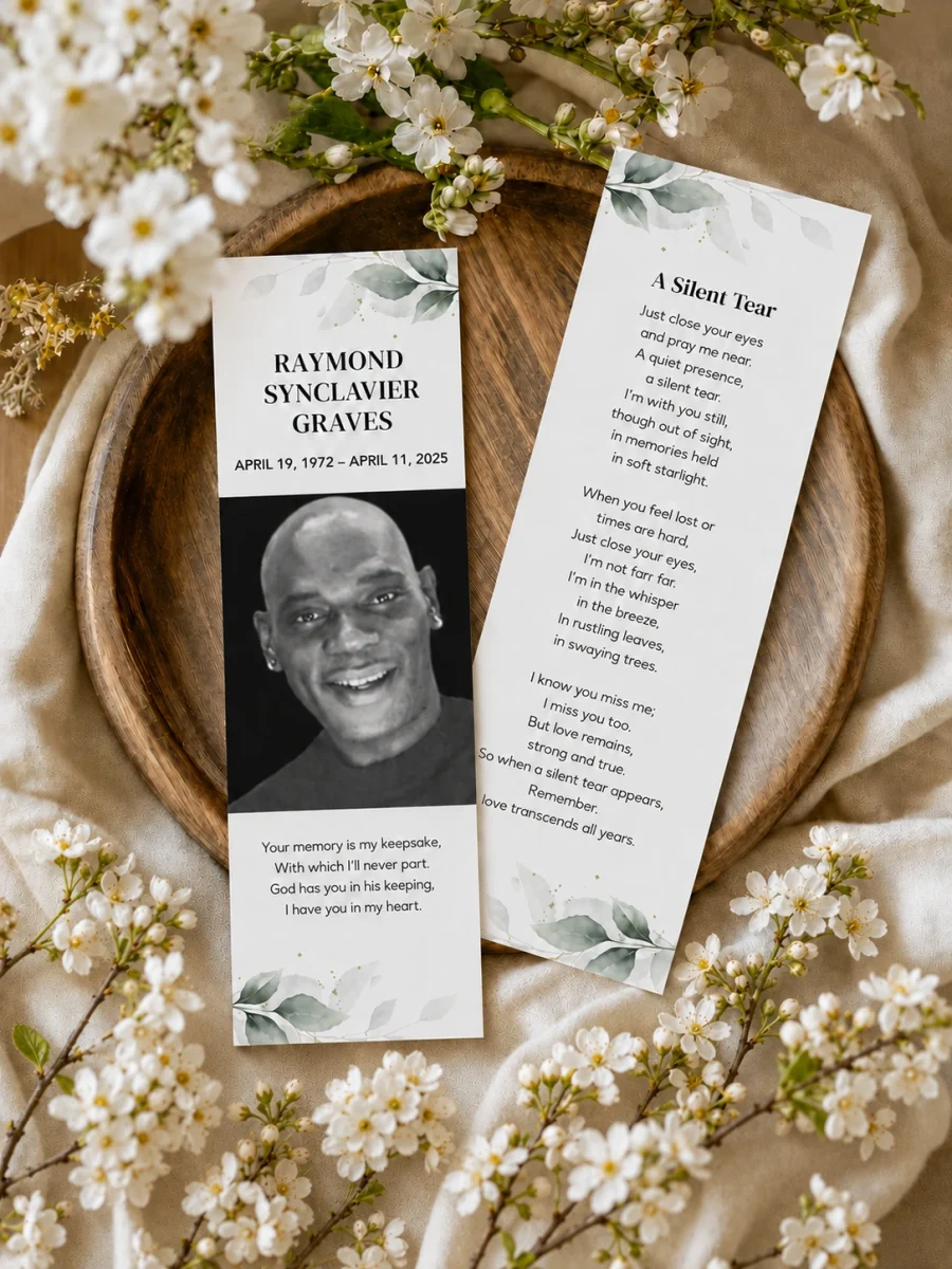 Personalized funeral bookmark design with photograph, favorite quote, scripture, poem, and life dates