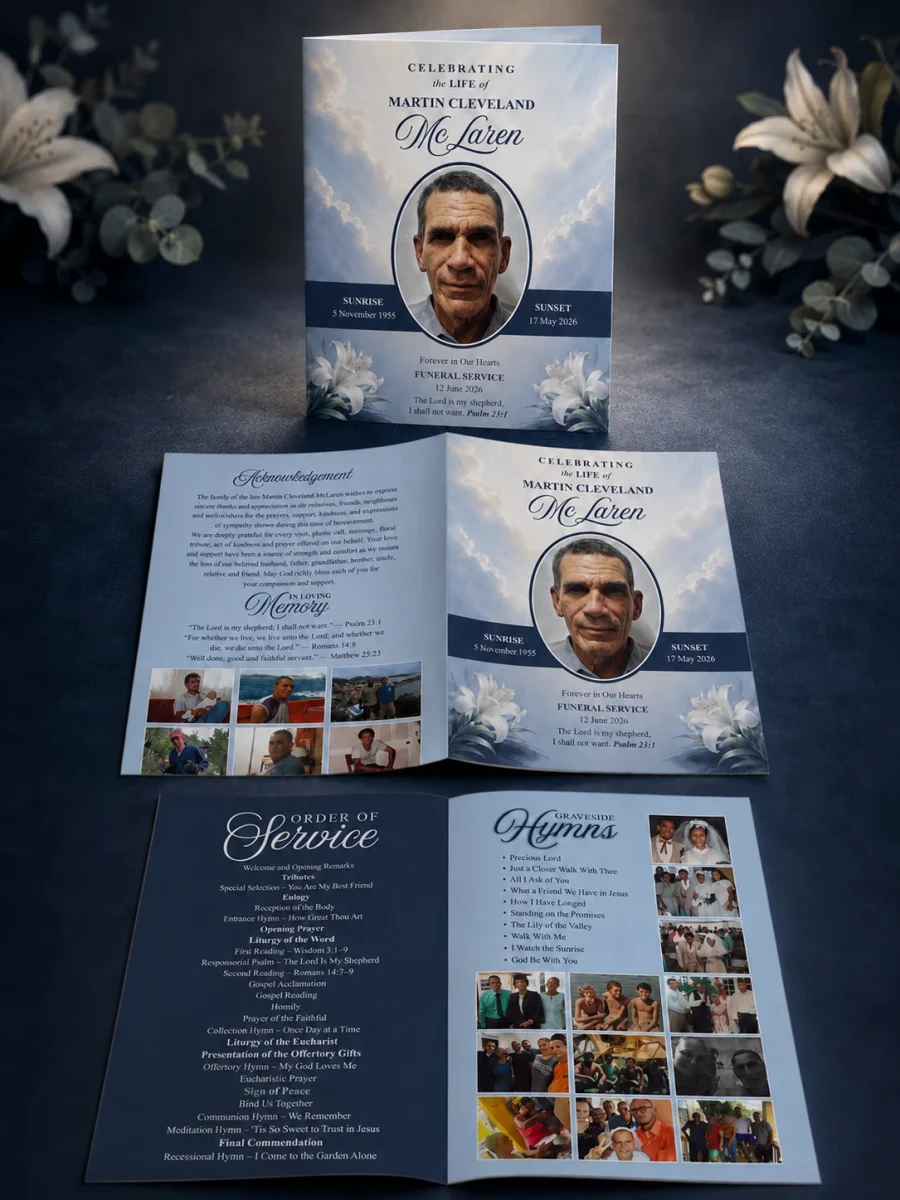 Custom funeral program design available in 4, 8, 12, 16, 20-page and larger obituary booklet formats