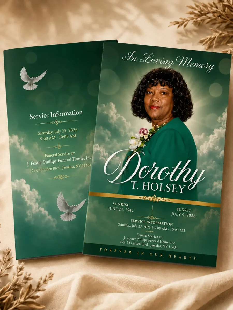 Custom blue funeral program design displayed as a professional memorial booklet