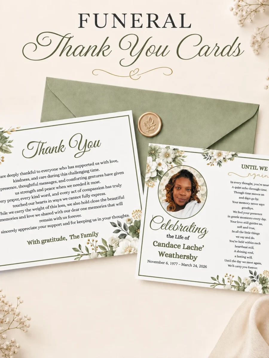 Personalized funeral thank you card design with photograph, life dates, floral details, and family appreciation message