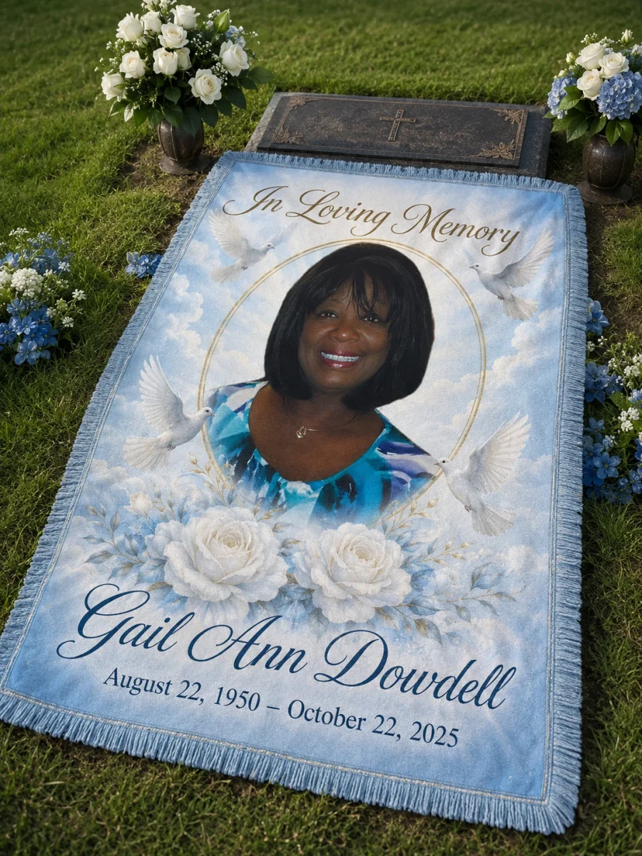 Custom memorial grave blanket design with photographs, name, life dates, meaningful message, and personalized theme