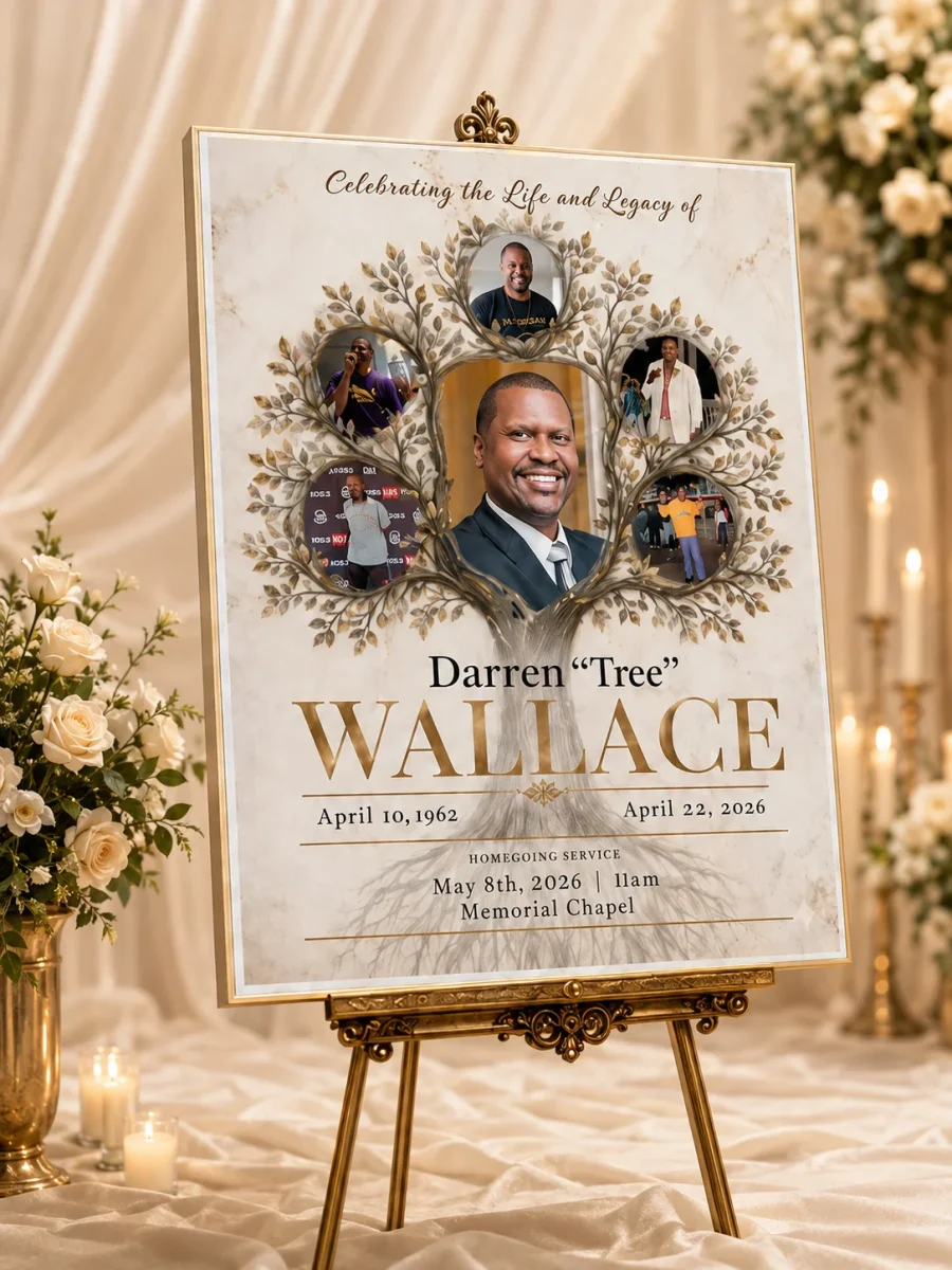 Custom memorial poster design featuring a loved one’s photograph, name, and life dates