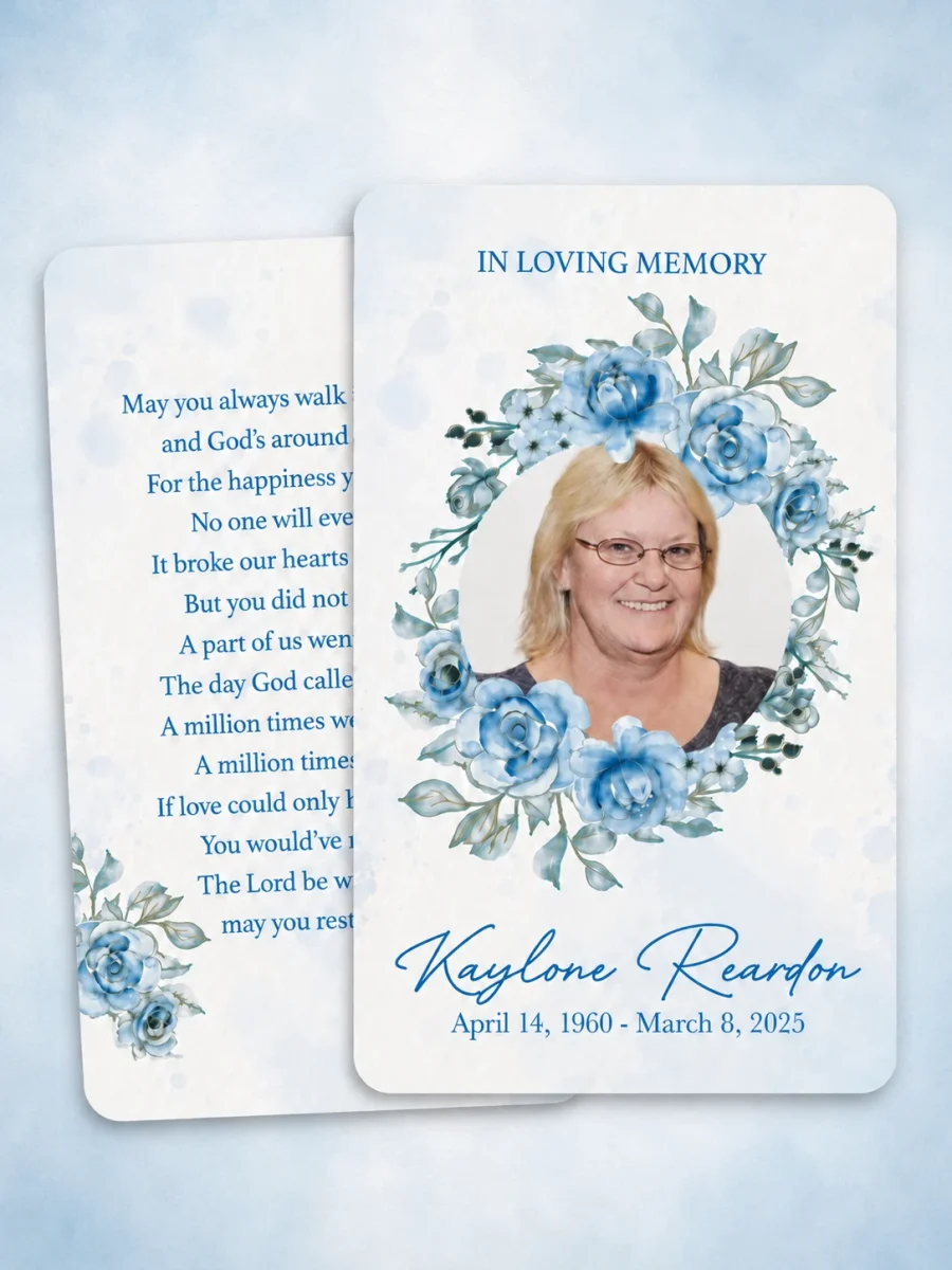 Personalized memorial prayer card with photograph, name, life dates, and prayer