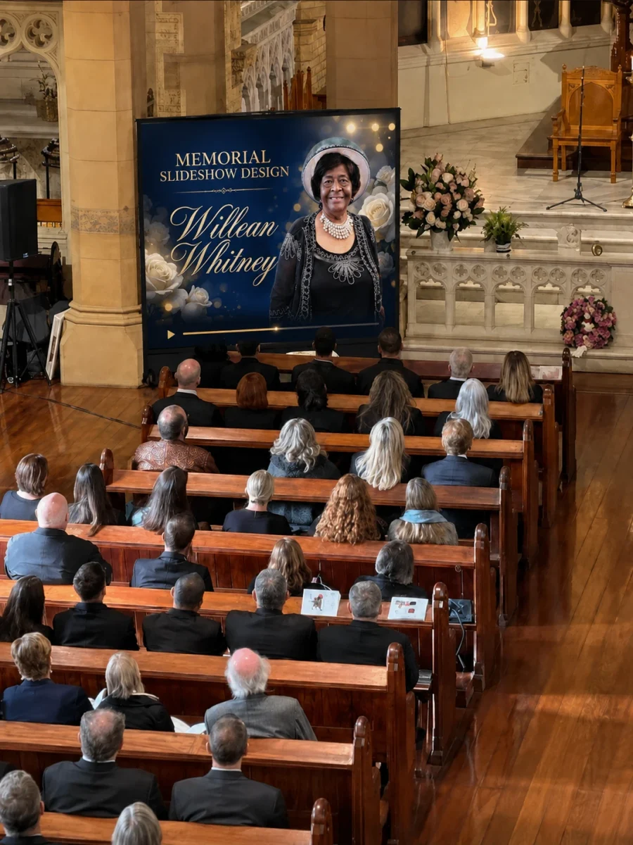 Memorial slideshow design displayed on a church screen with photographs, music, and tribute details