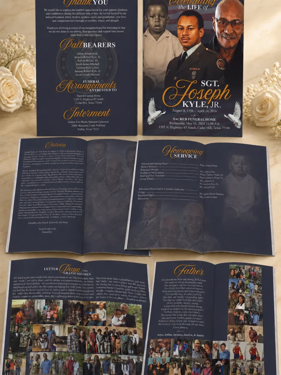 Custom obituary program design available in 4-page, 8-page, 12-page, 16-page, 20-page, and larger funeral booklet formats
