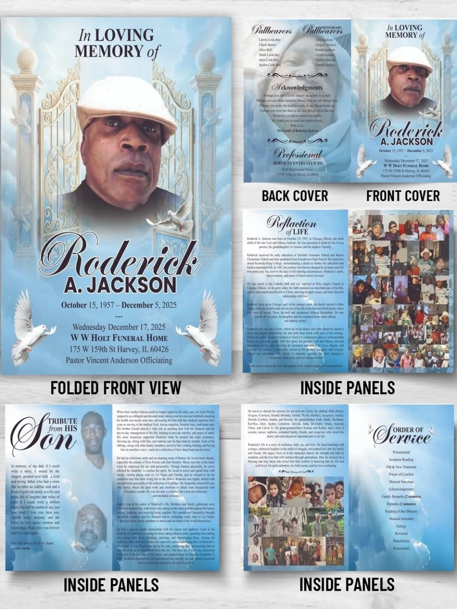 Custom Funeral Program with obituary, Order of Service, family tributes, photo memories and print-ready 8 Page Funeral Program design