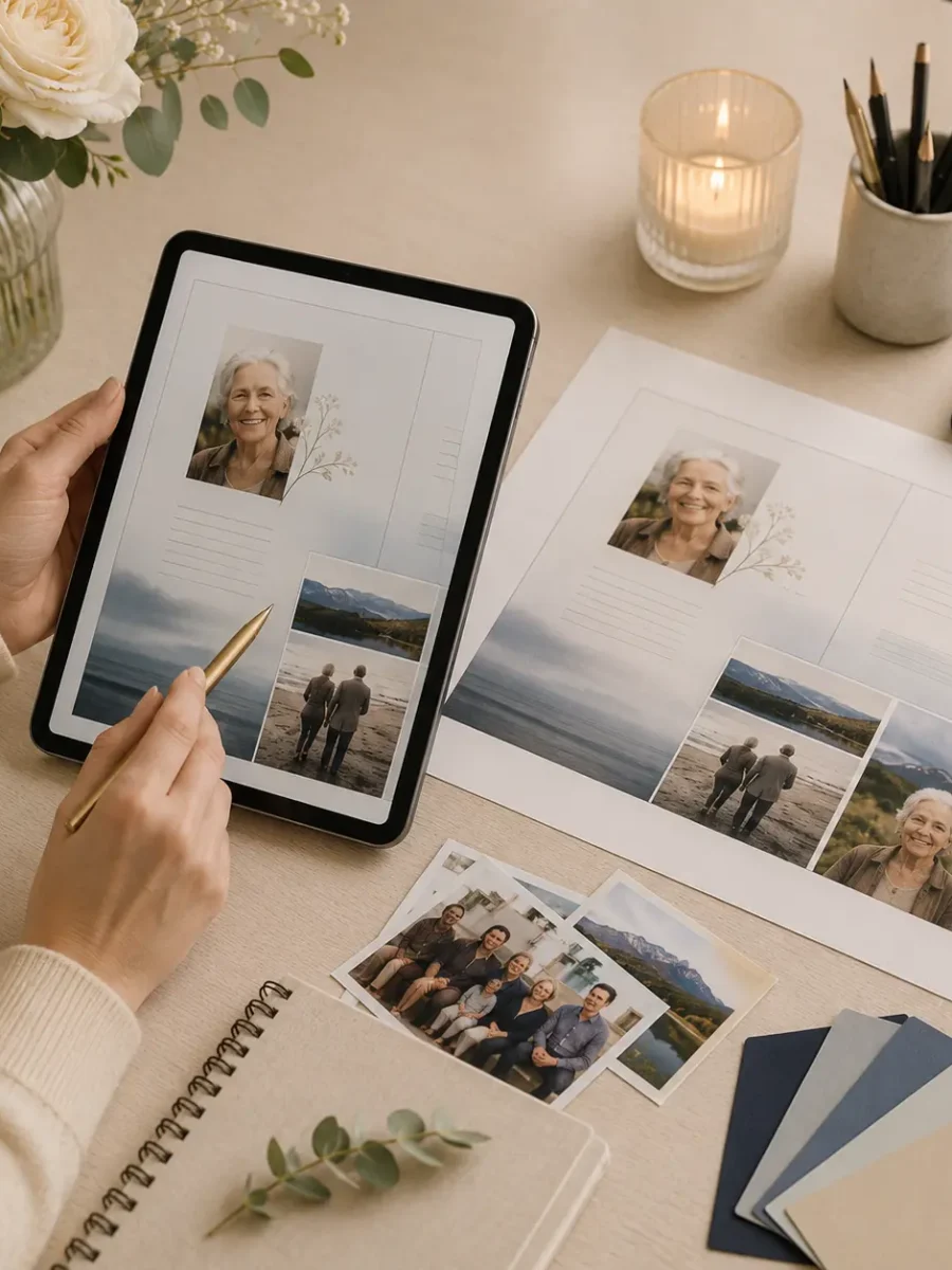 Custom funeral program proof reviewed on a tablet beside printed pages, family photographs and color samples.