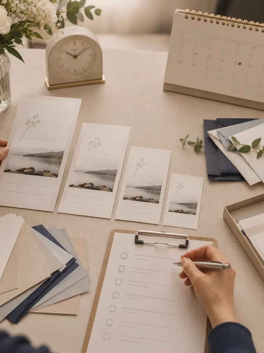 Funeral program layout samples, paper choices, calendar and checklist arranged to confirm the format and deadline.