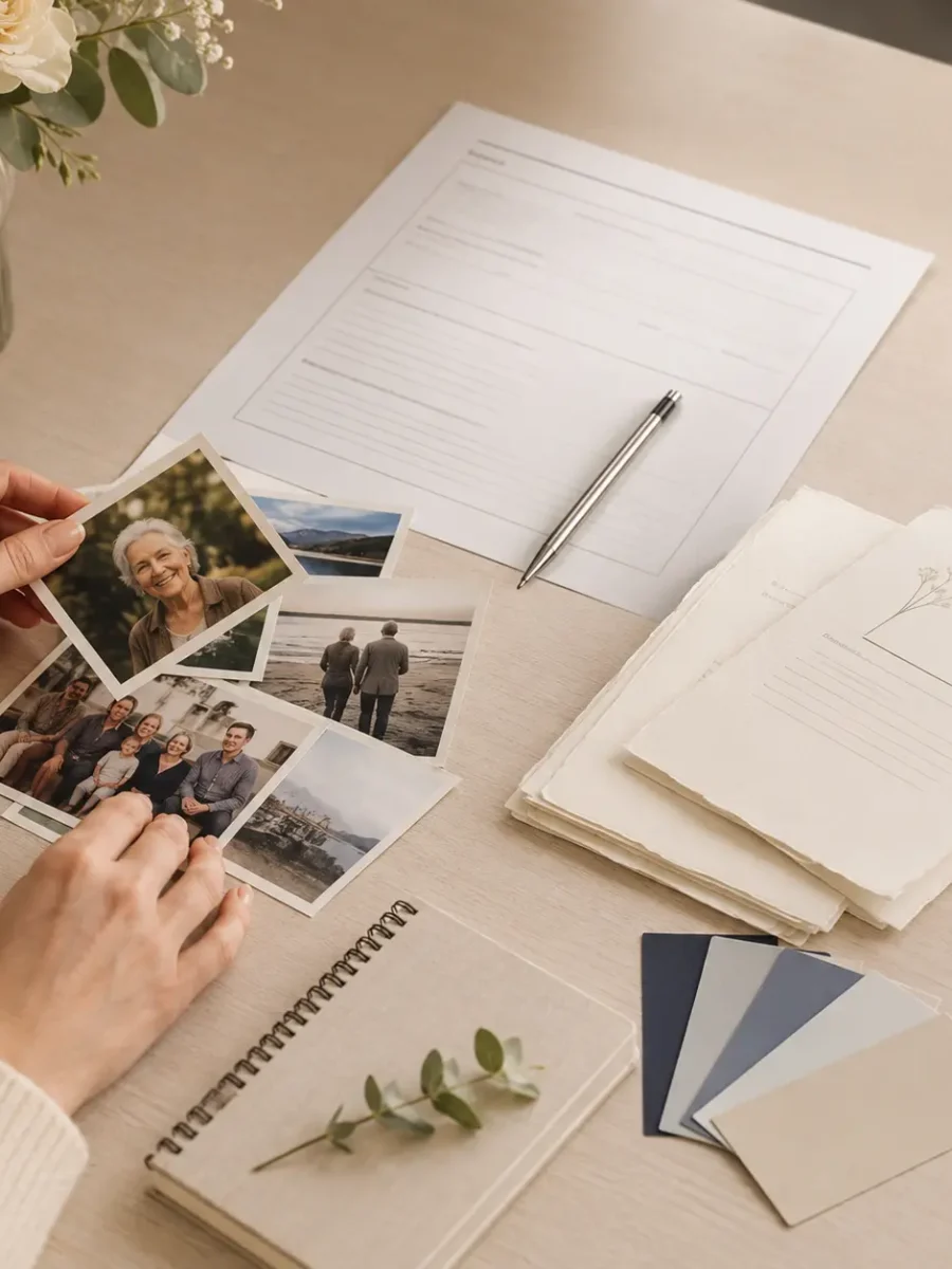 Family photographs, an order form, notebook and color samples prepared for a custom funeral program design.