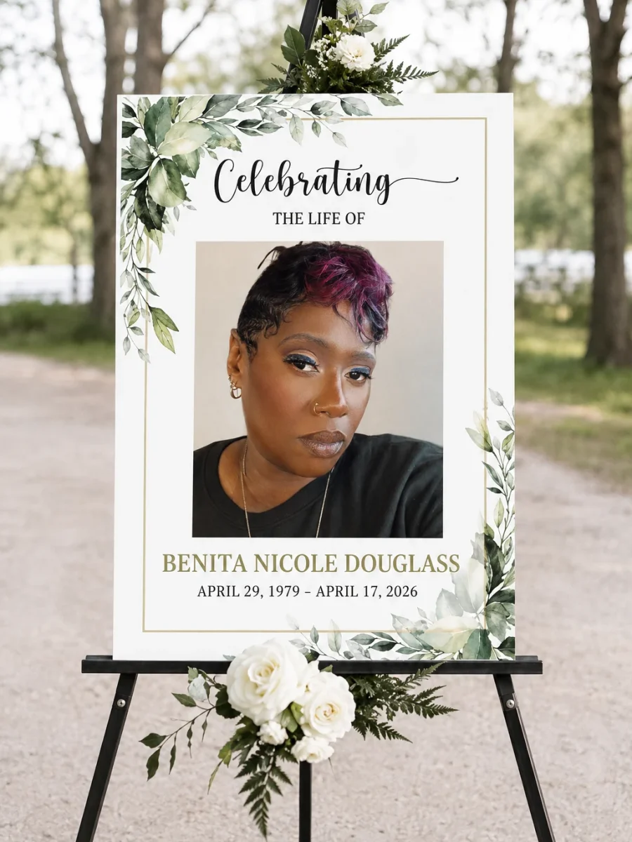 Personalized funeral welcome sign with photograph, name, life dates, and memorial message