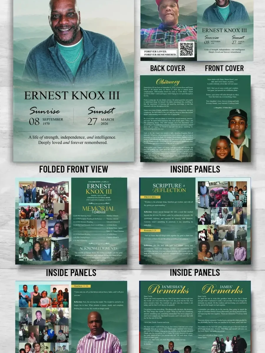 Homegoing Service Program with obituary, memorial schedule, scriptures, family remarks and photo memory pages