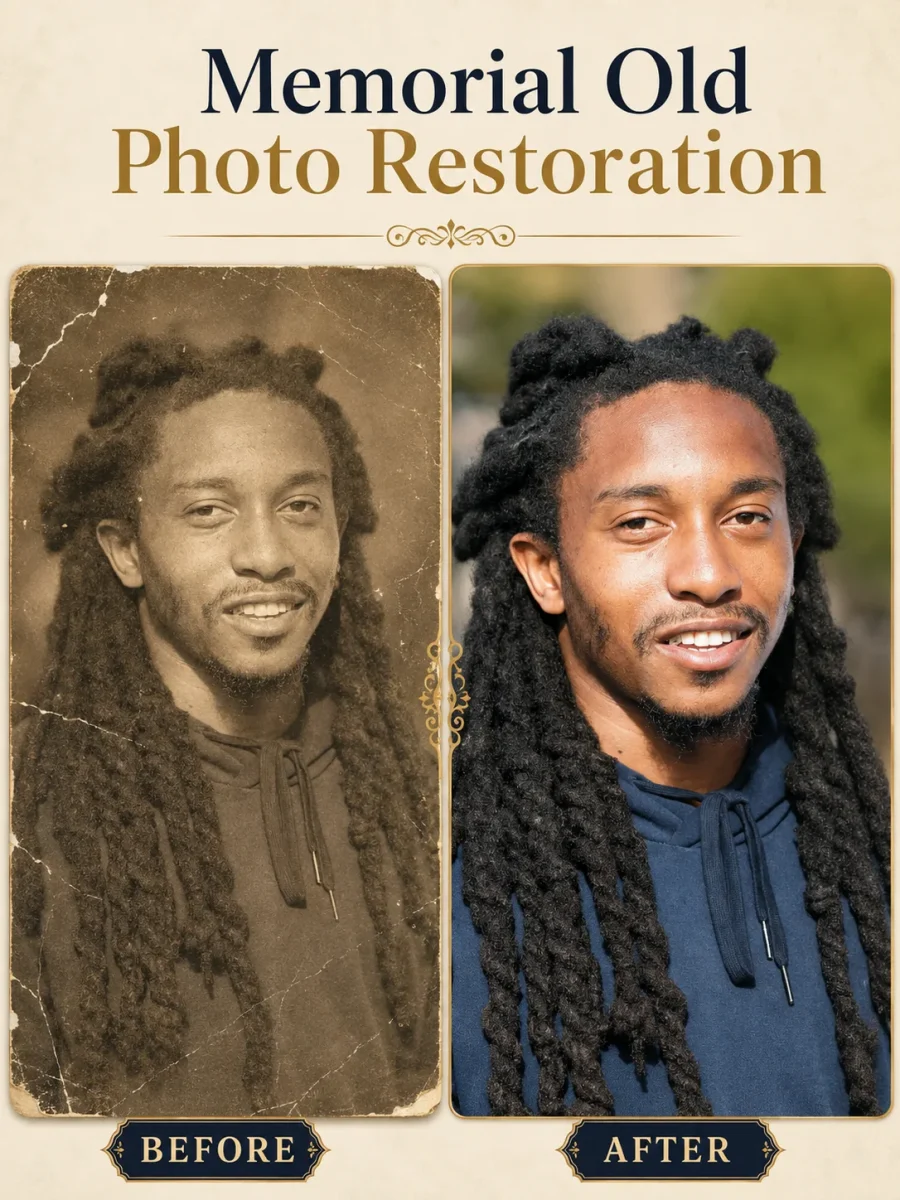 Before and after memorial old photo restoration showing a damaged photograph professionally restored