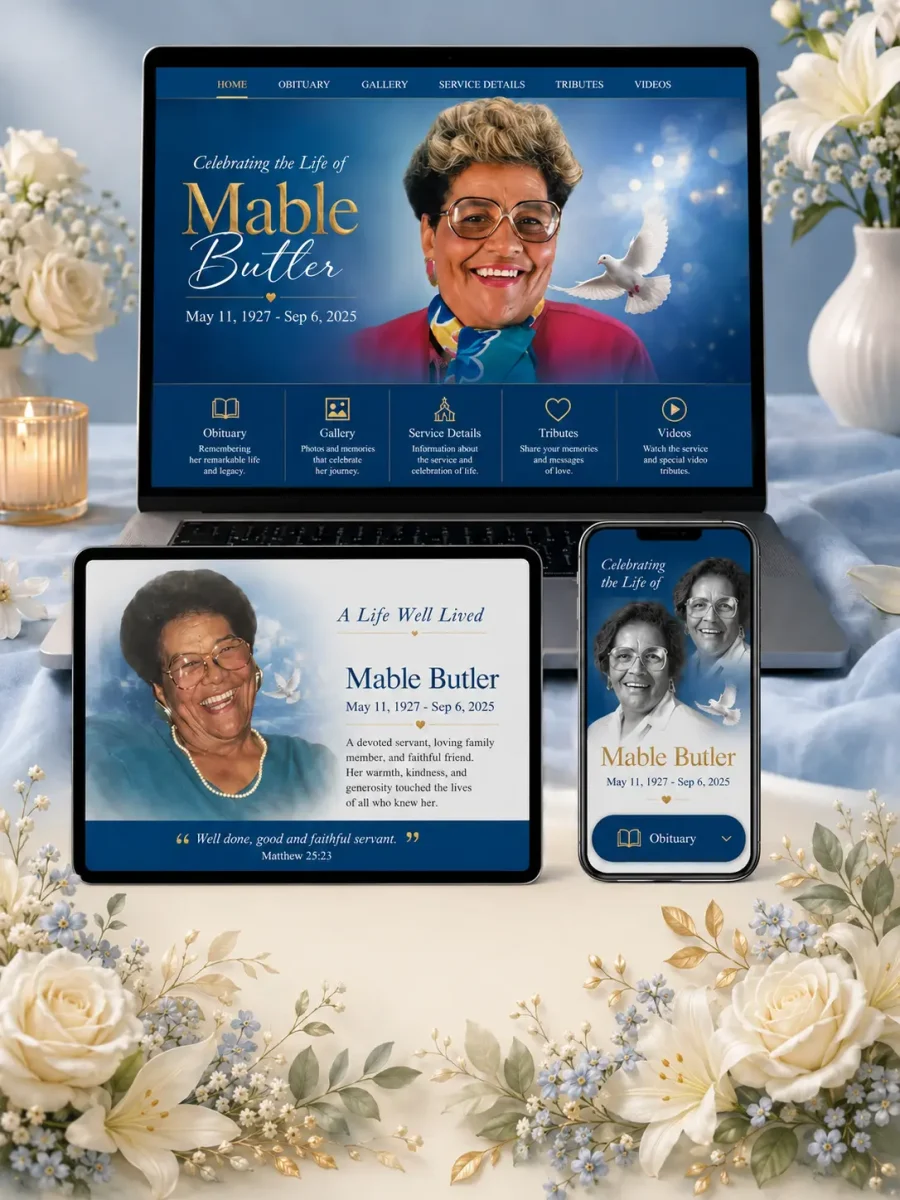 Personalized online memorial website page design featuring obituary, photographs, service information, tributes, and videos