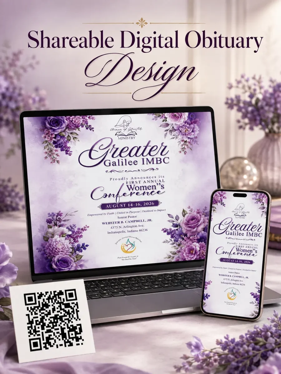 Shareable digital obituary design displayed on laptop and mobile phone with memorial QR code
