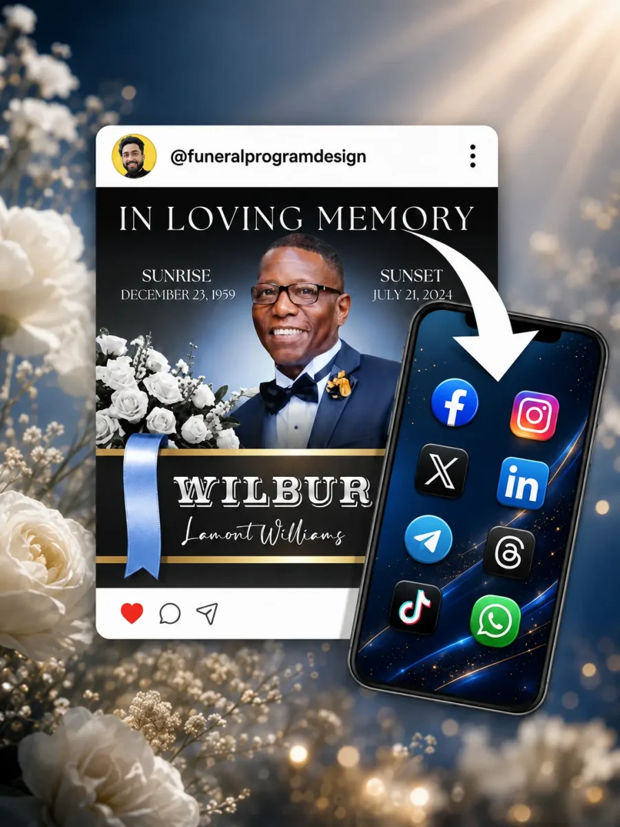 Custom social media funeral announcement design for Facebook, Instagram, WhatsApp, and other online platforms